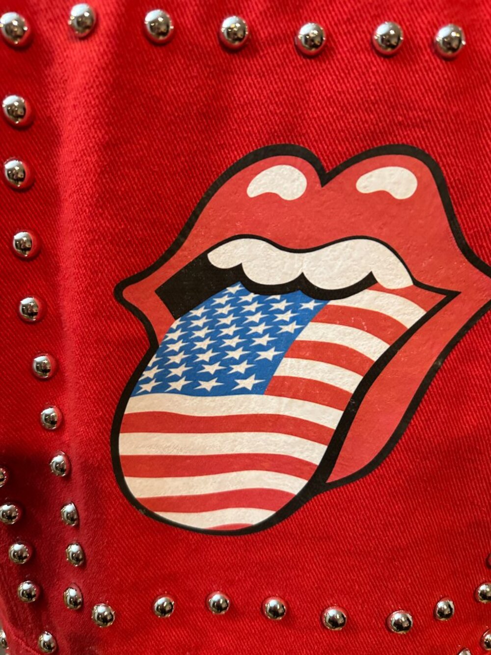 Red Short Sleeve Studded Jean Jacket with Rolling Stones Decal Logo - Picture 2 of 4